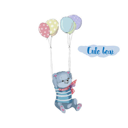 Cute bear flying on balloons in the skyのイラスト素材