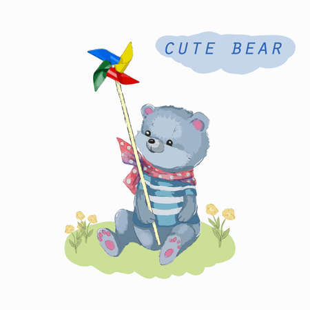A cute little teddy bear with a wind spinnerのイラスト素材