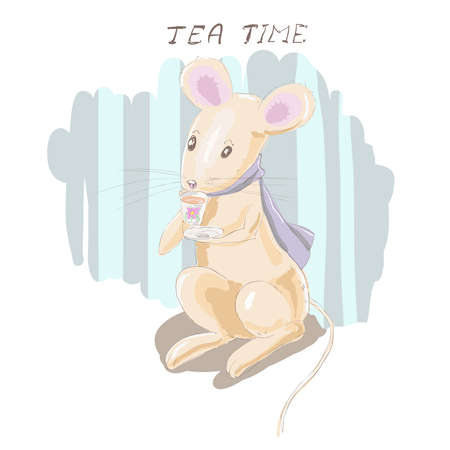 Cute mouse drinks from a cup. Time to drink tea.のイラスト素材