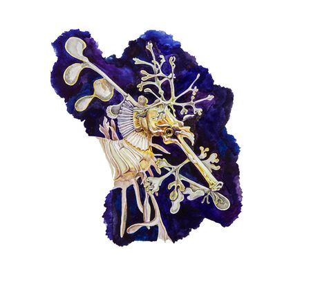 Watercolor illustration of a beautiful yellow tropical seahorse. Exotic sea fish hand drawn picture on natural blue background.の写真素材