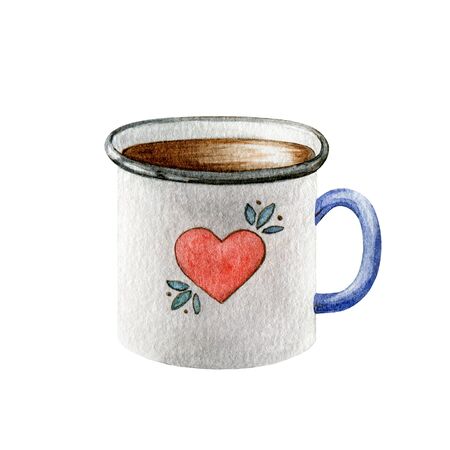 Tin white cup with a red heart watercolor illustration. Nice cartoon mug with a love symbol and black tea or coffee inside. Perfect for greeting cards element on Valentine's day.の写真素材