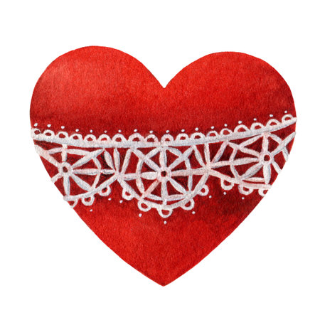 Vintage style red heart with lace. Red romantic heart image for Valentine day and weddings on white background. Hand drawn retro style decorative element watercolor illustration.の写真素材