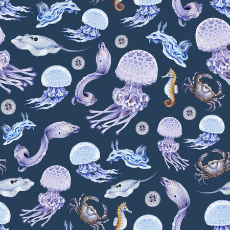 Underwater sea creatures seamless pattern. Hand drawn jellyfish, moray, fish watercolor illustration...