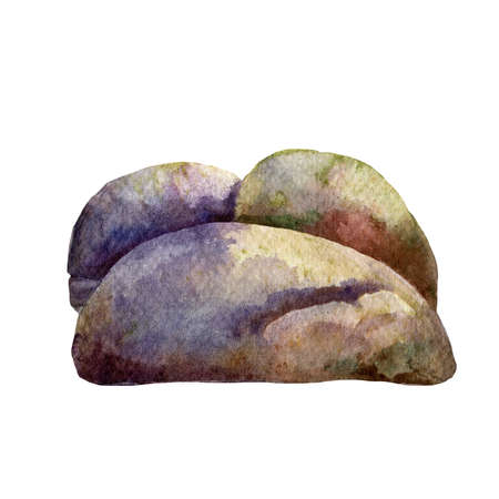 Natural stone watercolor illustration. Group of textured rocks image. Hand drawn grey stones element. Solid pebble isolated on white background. Big stones part of rocky landscapeの写真素材