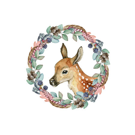 Natural wreath with deer head. Eucalyptus, blackberries round decor and fawn portrait. Decorative floral realistic wreath. Beautiful small deer and wild forest herbs. On white backgroundの写真素材