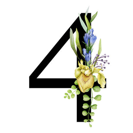 Floral spring alphabet. Number 4. Font element with spring garden flower bouquets composition. Flower number four. Wedding invitations, baby shower, birthday, other ideas. On white backgroundの写真素材
