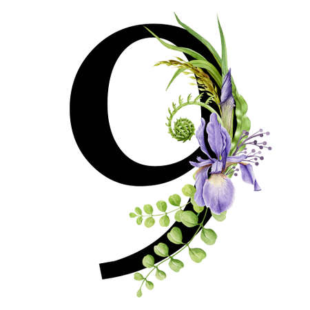 Floral spring alphabet. Number 9. Font element with spring garden flower bouquets composition. Flower number nine. Wedding invitations, baby shower, birthday, other ideas. On white backgroundの写真素材