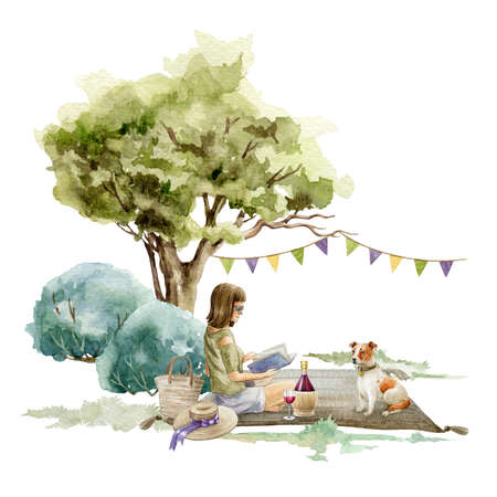 Young girl sitting with a book under the tree. Picnic outdoors scene. Watercolor illustration. Single woman relaxing with book. Self care girl posing element. Isolated on white backgroundの写真素材