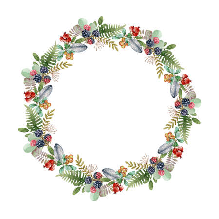 Floral rustic wreath. Watercolor illustration. Elegant seasonal round decor from forest leaves, herbs, fern and red berries. Hand drawn forest festive wreath. Autumn decoration on white backgroundの写真素材
