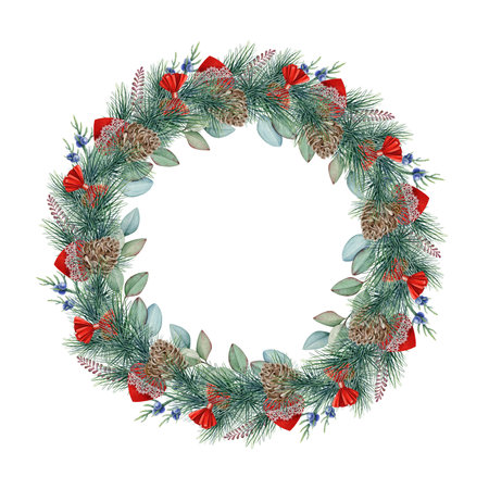 Festive winter wreath. Round pine tree seasonal decoration with red ribbon, cones. Watercolor illustration. Christmas evergreen holiday wreath. Winter green natural decor element. White backgroundの写真素材