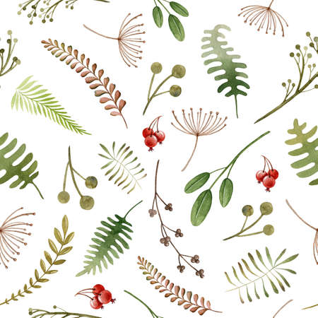 Wild forest herbs, flowers seamless pattern. Watercolor element. Hand drawn wild organic herbs,...