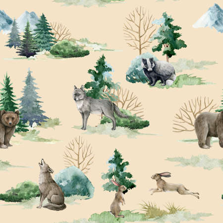 Hand-drawn forest bear, wolf, rabbit, badger, fir trees, mountains.の写真素材