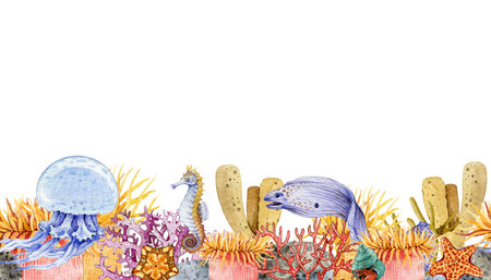 Jellyfish, corals, seahorse in beautiful underwater sea creature border.の写真素材