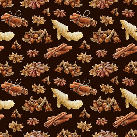 Spice seamless pattern. Cinnamon, star anise, ginger, clove watercolor illustration. Hand drawn aromatic dry spices for mulled wine pattern. Healthy organic herbs for cooking. Dark backgroundの写真素材