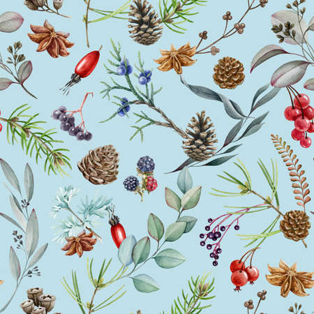 Winter forest seamless pattern. Hand drawn watercolor illustration. Pine, eucalyptus, fern, red...