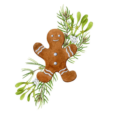 Gingerbread man with pine and mistletoe decor. Watercolor illustration. Hand drawn christmas...