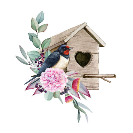 Swallow bird in floral decor. Watercolor illustration. Hand drawn cozy birdhouse with flowers, eucalyptus branches and swallow bird. Tender floral rustic decor element. White backgroundの写真素材