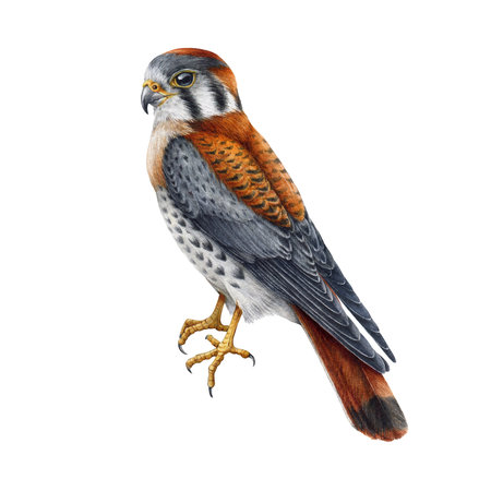 Kestrel realistic watercolor illustration. Hand drawn falco sparverius North America native wildlife bird. Kestrel bird on white background. Wild forest avianの写真素材