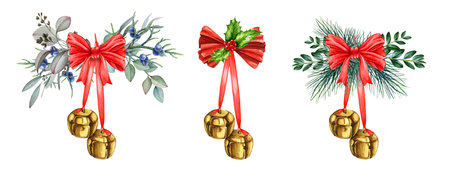 Vintage metal golden jingle bells with traditional winter floral decor set. Watercolor illustration. Christmas metal bells on the red ribbon with pine, holly, juniper element. White backgroundの写真素材