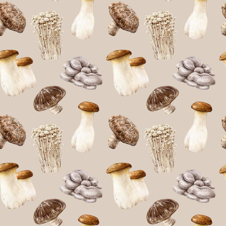 Edible mushroom seamless pattern. Watercolor hand painted illustration. Enoki, shiitake, king trumpet oyster mushroom fungi element in seamless patternの写真素材