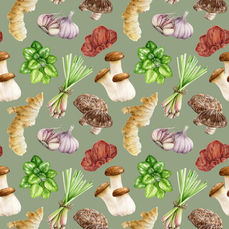 Mushrooms, herbs, spices and vegetables seamless pattern. Watercolor illustration. Hand drawn edible mushrooms, shiitake, wood ear, lemongrass, ginger, basil, garlic elements. Sage green backgroundの写真素材