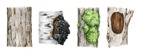 Tree trunk element set. Watercolor illustration. Hand drawn various wooden tree parts with bark, moss, hollow. Natural linden, birch, oak, elm element collection. Timber parts on white backgroundの写真素材