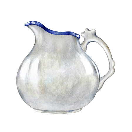 White porcelain jug with a handle watercolor illustration. Hand drawn vintage style kitchen decorative jar with a blue stripe element. Retro white ceramic jug household element. Isolated backgroundの写真素材