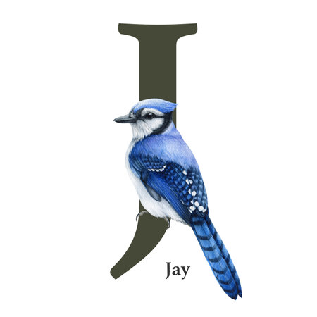 Capital letter J with jay bird decor. Watercolor illustration. Forest animal ABC alphabet font element. Wildlife animal alphabet letter J decorated blue jay bird. White backgroundの写真素材