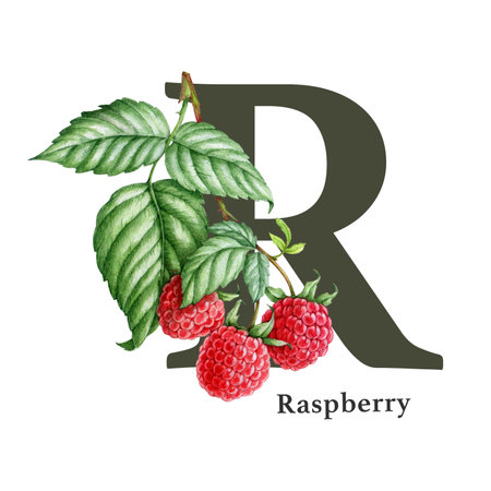 Capital letter R with raspberry branch decor. Watercolor illustration. Forest nature ABC alphabet...