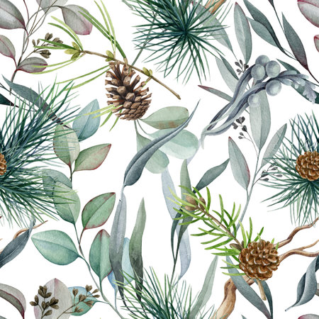 Eucalyptus, pine branches and leaves watercolor seamless pattern. Hand drawn illustration. Pine,...