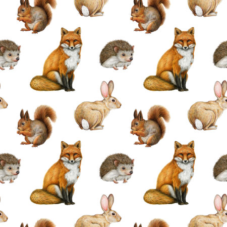 Cute forest animals seamless pattern. Hand drawn watercolor illustration. Vintage style fox, hedgehog, bunny, rabbit, squirrel seamless pattern. Hand painted forest animals on white backgroundの写真素材