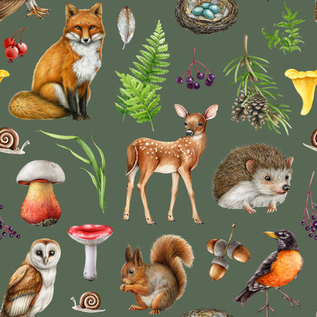 Cute forest animals seamless pattern. Watercolor illustration. Hand drawn fox, squirrel, owl, robin, mushrooms with natural elements. Woodland animals with forest elements seamless patternの写真素材