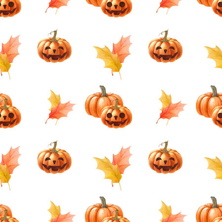 Halloween pumpkins seamless pattern decor. Watercolor illustration. Hand drawn spooky funny orange pumpkins, autumn leaves seamless pattern. Halloween holiday traditional symbol on white backgroundの写真素材