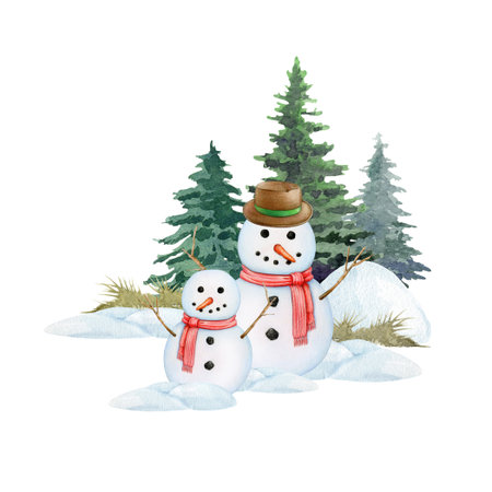 Funny snowman on snowy ground with fir trees. Vintage style illustration. Winter season outdoors scene. Smiling two snowman in winter forest scene. Traditional winter season snow decorationの写真素材
