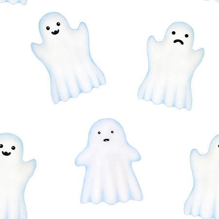 Funny spooky ghosts Halloween decor seamless pattern. Hand drawn illustration. Painted scary ghost and spirit elements fly on white background for packaging, printing, wrapping paper decorationの写真素材