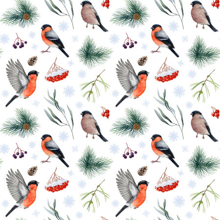 Winter time bullfinch birds seamless pattern, natural elements, pine branches, rowanberry snow covered. Watercolor illustration. Forest bullfinch bird, berries, leaves design element isolated.の写真素材
