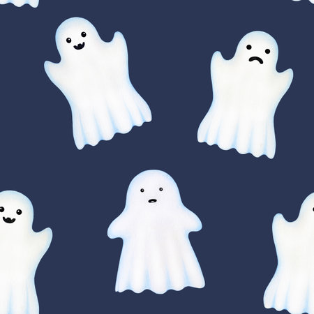 Funny spooky ghosts Halloween decor seamless pattern. Hand drawn illustration. Scary ghost, spirit...
