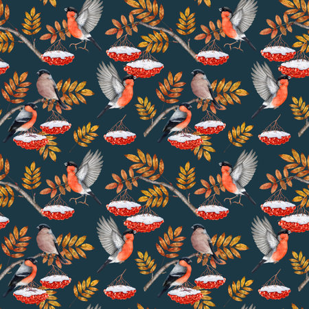 Winter time bullfinch birds with rowan twig, red berries covered with snow seamless pattern. Watercolor illustration. Winter season bullfinch bird, rowanberry, leaves design element for printingの写真素材