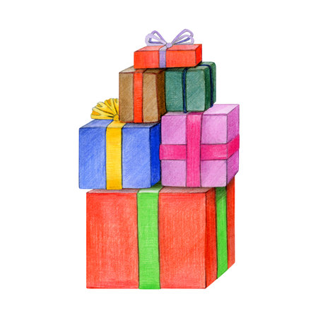 Gift box pile painted illustration. Vintage style illustration. Hand drawn group of present colorful bright boxes decorated with ribbon. Pile of gifts isolated on white backgroundの写真素材