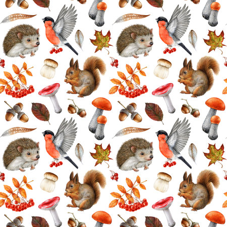 Vintage style seamless pattern with forest animals, natural elements. Watercolor hand drawn illustration. Autumn season hedgehog, squirrel, forest mushrooms fallen leaves pattern on white backgroundの写真素材