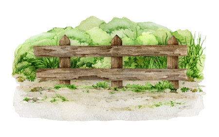 Wooden fence on the ground with grass, bushes. Watercolor vintage style illustration. Old farm, ranch, village, countryside wooden fence. Outdoors element border on the groundの写真素材