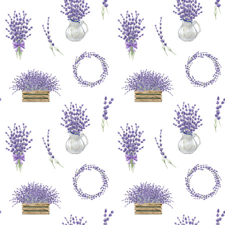 Lavender flower element decor seamless pattern. Watercolor vintage style illustration. Hand drawn lavandula herb wreath, bunch, bouquet decoration. Decorative elements with lavender seamless patternの写真素材