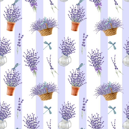 Romantic mood lavender flower decor elements seamless pattern. Watercolor vintage style illustration. Lavandula herb rustic style decoration design for print. Decorative rustic elements with lavenderの写真素材