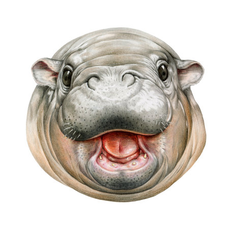 Baby hippo animal hand painted portrait. Vintage style illustration. Cute pigmy hippopotamus newborn baby hand drawn face portrait element on white background. Endangered species wildlife animalの写真素材