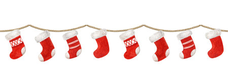 Christmas socks festive decor seamless border on white background. Vintage style painted...
