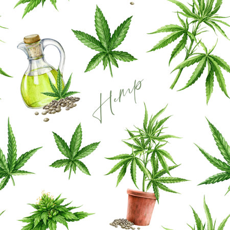 Cannabis sativa and indica plant, leaves, growing stem, oil in glass bottle seamless pattern on white background. Hemp medicinal plant watercolor illustration. Cannabis healthy herb decor designの写真素材