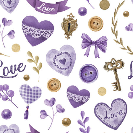 Valentines Day seamless pattern in tender lavender colors. Hand drawn vintage style hearts, lavender flowers, romantic elements on white background. Perfect for love-themed designs, gift packagingの写真素材