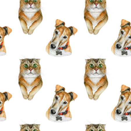 Hand painted seamless pattern with detailed, realistic portraits of a cat and dog on white background. Perfect for pet products, vet clinics, pet stores, packaging and animal-themed designsの写真素材