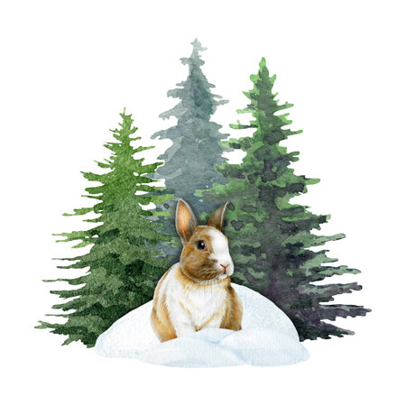 Cute little bunny in snow piles in front of fir tree background. Hand drawn winter mood illustration. Winter season wildlife nature scene. Rabbit under evergreen conifer trees on white backgroundの写真素材