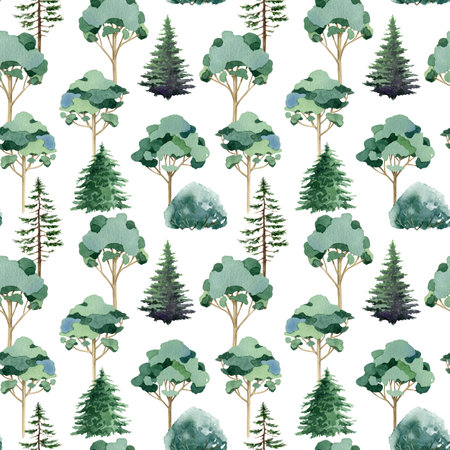 Mix tree forest seamless pattern element. Painted fir trees, bushes, eucalyptus on white background. Elegant woodland illustration pattern design perfect for printing, textile, wrapping paperの写真素材
